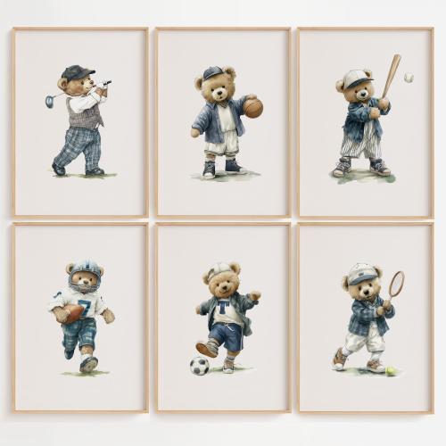 Blue Teddy Bear Sports Nursery Galley Vintage Navy Wall Art Set of 6 Printable Illustrations for Boy Room, Golf, Baseball, Soccer, Tennis