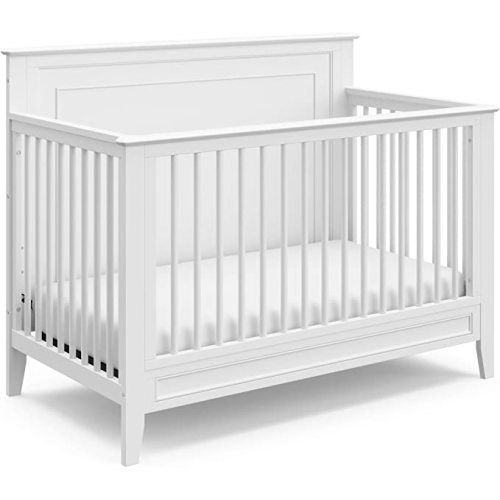 Storkcraft Solstice 5-In-1 Convertible Crib (White) – GREENGUARD Gold Certified, Converts to Toddler Bed and Full-Size Bed, Fits Standard Full-Size Crib Mattress, Adjustable Mattress Support Base