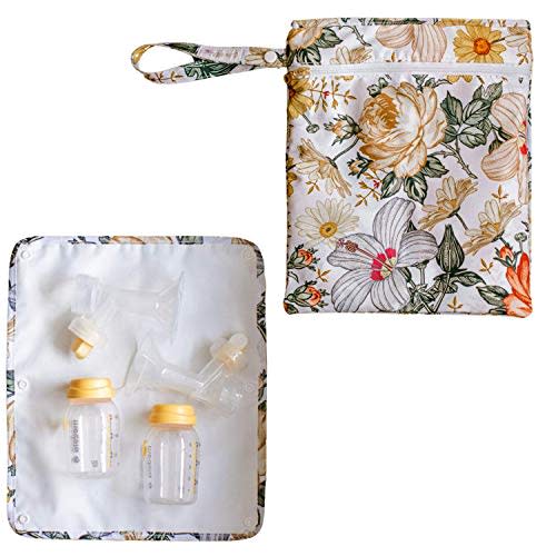 Iris & Ella Breast Pump Wet Dry Bag - Reusable Floral Pattern Breast Pump Storage Bag W/Staging Mat & Removable Waterproof Lining - Wet Dry Bags for Breast Pump Parts - Wet Bags for Baby - 13" x 11"