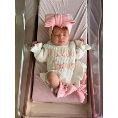 Hand Embroidered Ruffle Romper, Knit Embroidered Baby Announcement Romper, Personalized Coming Home Outfit, Baby Shower Gift