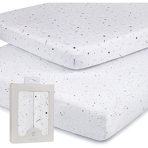 Pack N Play Portable Crib Sheet Set 100% Jersey Cotton 2 Pack 38”x24”x5” (Black and White Celestial)