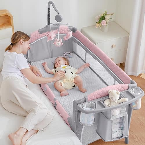 ADOVEL Baby Bassinet Bedside Crib, Pack and Play with Mattress, Diaper Changer and Playards from Newborn to Toddles, Pink
