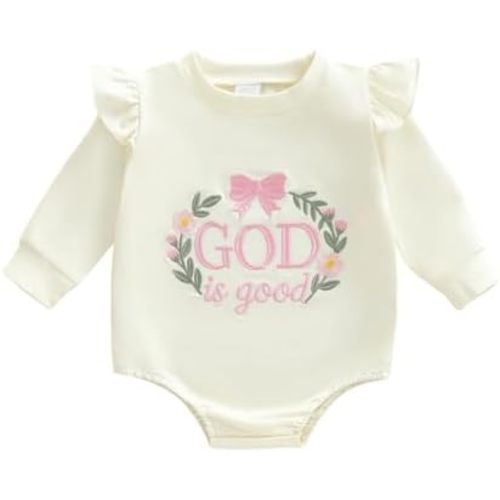 Baby Girl Christian Clothes God is Good Flower Embroidery Bubble Romper Waffle Long Sleeve Bodysuit Fall Outfits