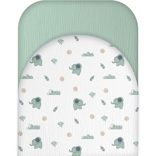 Muslin Bassinet Sheets for Baby Boy Girl - Extra Soft 100% Cotton Bassinet Sheets Fitted for Oval Rectangle Hourglass Mattress, 2 Pack(Green&Elephant)
