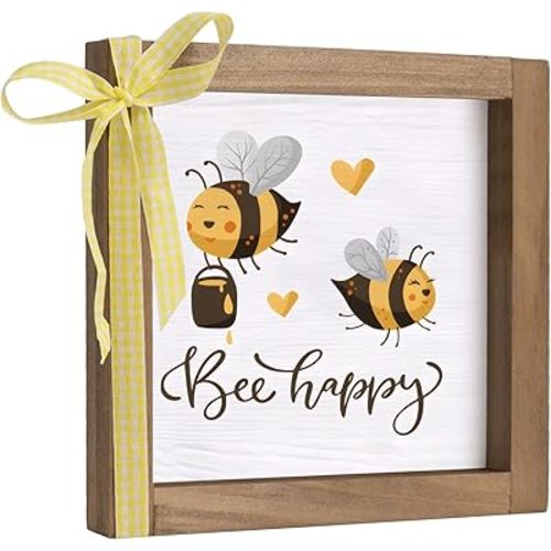 Bee Happy Sign, 6×6 Inch Wood Framed Bee Happy with Honey Bee, Summer Decoration for Home Farmhouse Kitchen Table Shelf Tiered Tray Indoor