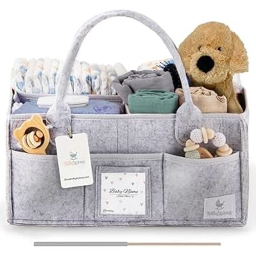 Babylicious Baby Diaper Caddy Organizer | Felt Changing Table Organizer - Large | Diaper Organizer for Changing Table | Name Card Included - Newborn Essentials Must Haves for Parents Heather Grey
