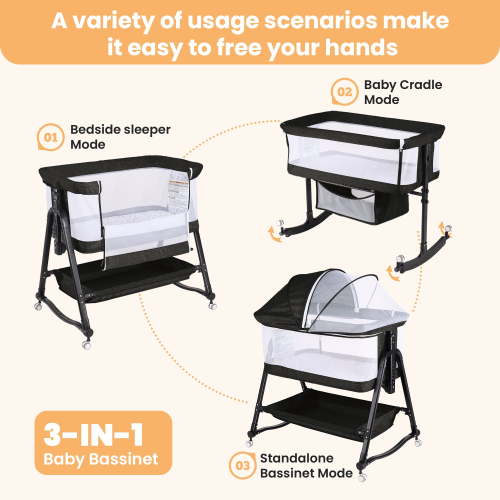 SACVON Baby Bassinet Bedside Sleeper, 6 adjustable height settings, compatible with adult beds, suitable for babies under 12 months, unisex (Black)