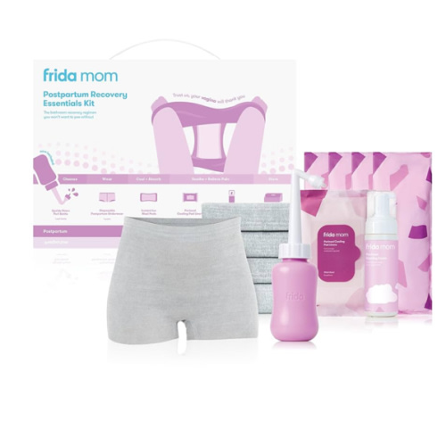 Frida Mom 11pc Postpartum Essentials Kit Gift Set, Hospital Bag Must Haves for New Mom, Includes 4 Disposable Postpartum Underwear, 4 Ice Maxi Pads, Perineal Healing Foam & 24 Pad Liners & Peri Bottle