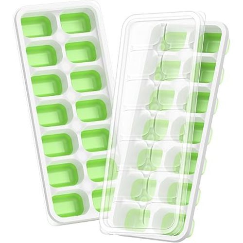 Ice Cube Tray with Lid, 2 Packs 28 Cubes Durable Stackable Ice Cube Trays for Freezer with Removable Lids, Easy-Release Plastic & Silicone Ice Tray for Cocktail, Coffee