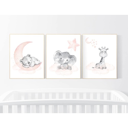 Blush Gray Animal Nursery Prints: Teddy Bear, Elephant, Giraffe