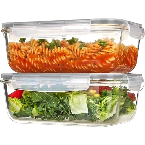 Vtopmart 2Pack 1860ml/ 63oz Large Glass Storage Containers with Lids, Meal Prep Food Container Set with Snap Airtight Lid for Baking, Microwave, Oven, Leak Proof, for Freezer, Dishwasher, Grey