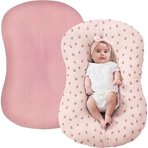 FUNUPUP Muslin Baby Lounger Cover Compatible with Snuggle Me Lounger, Infant Lounger Pillow Cover for Newborn, Removable Newborn Lounger Cover for Boys and Girls, Only Cover, Pink&Pink Flower