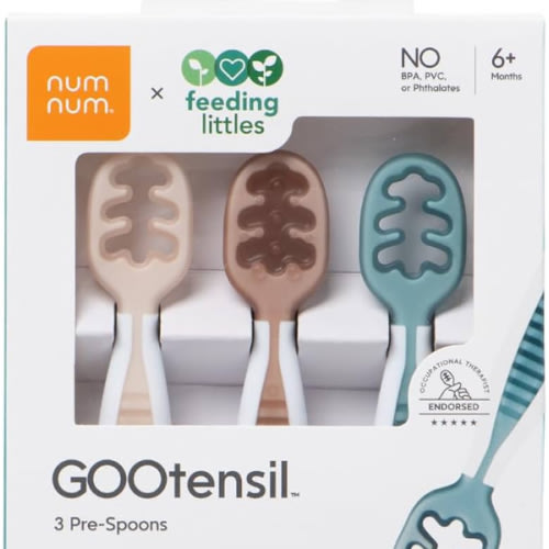 NumNum Baby Spoons Set, Feeding Littles x Silicone Pre-Spoon GOOtensils for Baby Led Weaning, Self-Feeding & Teething, First Stage Toddler Utensils for Ages 6+ Months, 3-Pack, BPA-Free (Neutrals)