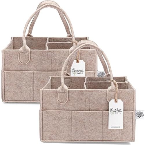 Parker Baby Diaper Caddy Multipack - Set of 2 Nursery Storage Bins and Car Organizers for Diapers, Wipes, and Baby Essentials - Portable and Stylish Diaper Totes - Oatmeal