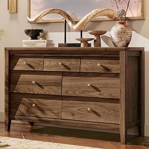 7 Drawers Dresser with Beveled Panel, Farmhouse Chest of Dressers for Bedroom, Wood Dresser TV Stand, Drawer Organizer for Bedroom, Living Room, Hallway, Walnut