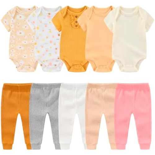 Newborn Baby Layette Gift Set 10-Piece Baby Boy Girl Short Sleeve Bodysuits with Pants Infant Outfit Essentials