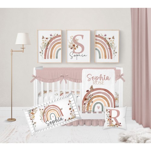 Boho Crib Bedding Set Girl, Baby Girl Bedding Set, Boho Baby Bedding Crib Sets Girl, Wildflower Nursery Bedding, Boho Rainbow Nursery Decor