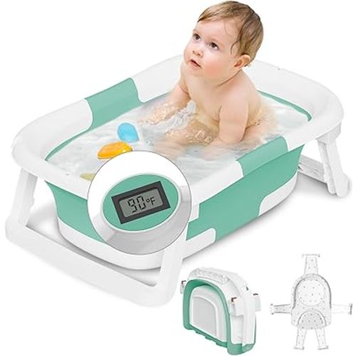 Collapsible Baby Bathtub,Baby Bath Tub with Soft Cushion & Thermometer,Baby Bathtub Newborn to Toddler 0-36 Months,Portable Travel Baby Tub,Blueish Green