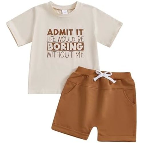 wdehow Toddler Baby Boy Summer Clothes Set Letter Print Crew Neck Short Sleeve T-Shirts Elastic Waist Shorts 2Pcs Outfits