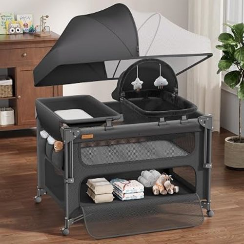 ANGELBLISS Baby Bassinet Bedside Crib, 5-in-1 One-Push Instant Fold Pack and Play with Changing Table, Napper Bassinet, Mattress & Mosquito Net, Portable Playard for Newborns to Toddlers