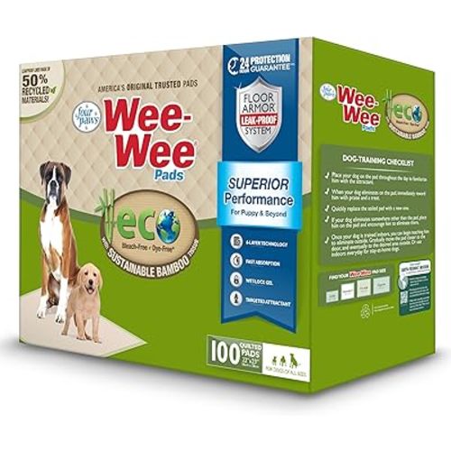 Four Paws Wee-Wee Superior Performance Bamboo Pee Pads for Dogs, Earth Friendly Dog & Puppy Potty Training Pads, Crate Liners, Housebreaking Supplies, 22" x 23" (100 Count)