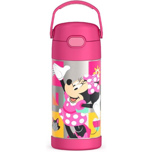 THERMOS FUNTAINER - Botella de agua con pajilla, 12 onzas, botella de agua de acero inoxidable aislada al vacío para niños con tapa, diseño de Preschool Minnie