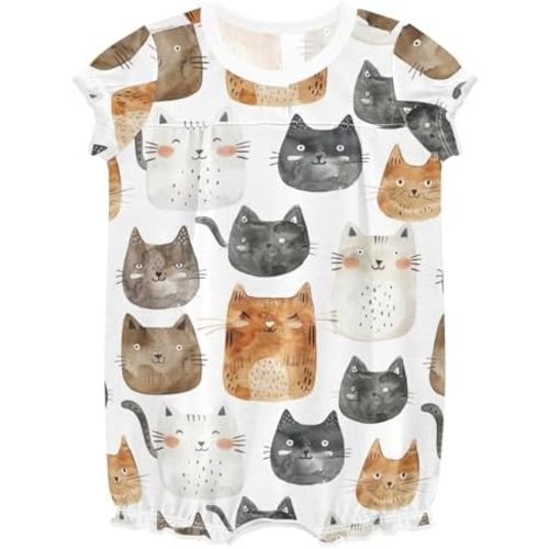 Cute Mischievous Cat Baby Bodysuits for Boy & Girl,Bubble Romper Floral Bodysuits