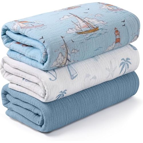 Muslin Swaddle Blankets for Newborn, 3 Pack Breathable Soft Receiving Blanket, Large 38 x 40 inches Swaddle Wrap Burping Clothes, Essentials Infant Shower Items, Toddler Gift (Blue Sea)