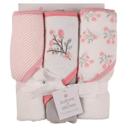 Buttons and Stitches Baby Infant 3 Pack Hooded Towel