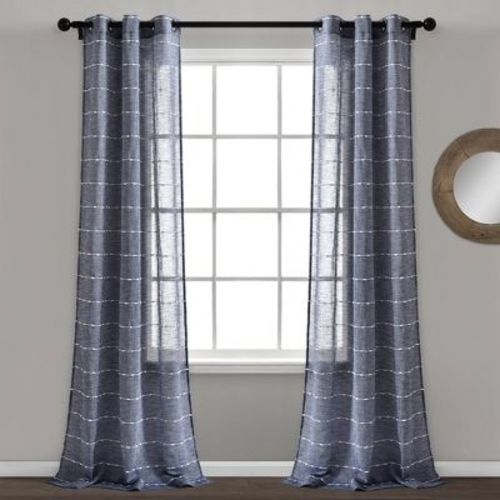 Set Of 2 (84"x38") Farmhouse Texture Grommet Sheer Window Curtain Panels Navy - Lush Décor: Modern Stripe Design