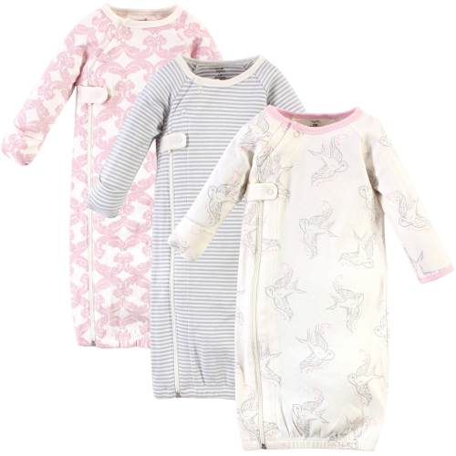 Touched by Nature Baby Girl Organic Cotton Zipper Long-Sleeve Gowns 3pk, Pink Bird