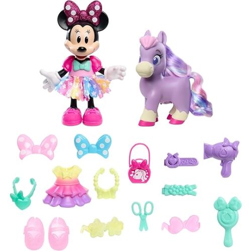 Disney Junior Minnie Mouse Groom & Glam Pony Set, Poseable 21-piece Doll and Accessories Set, Kids Toys for Ages 3 Up by Just Play