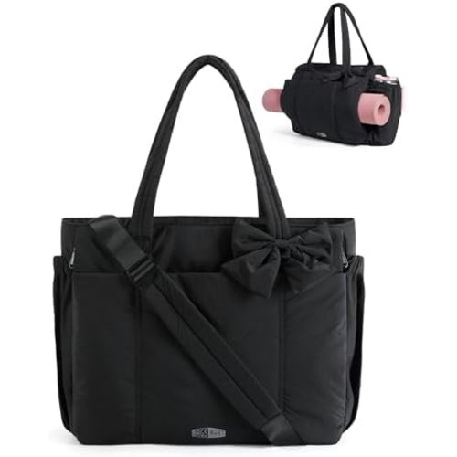 BAGAMSRT Crush Bow Tote Bag for Women, Large Work Tote with 40oz Tumbler, Puffer Travel Tote Bag for Work, Yoga, Gym