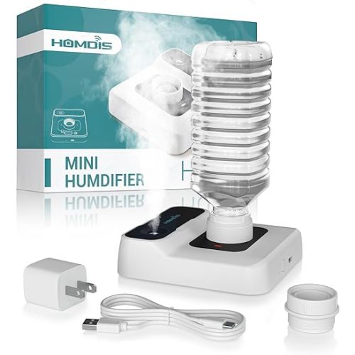 HOMDIS Travel Humidifier, Portable Small Humidifier for Plants, Bedroom, Office, Hotel or Car, 5000mAh Battery Operated Mini Cool Mist Humidifiers, Quiet 23dB, Auto-off, Night Light & BPA-Free, White