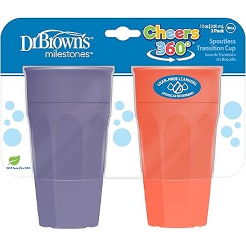 Dr. Brown's Milestones Cheers 360 Training Cup for Toddlers & Babies, Leak-Free Sippy Cup, Purple & Coral, 10 oz/300 mL, 9m+, 2 Pack