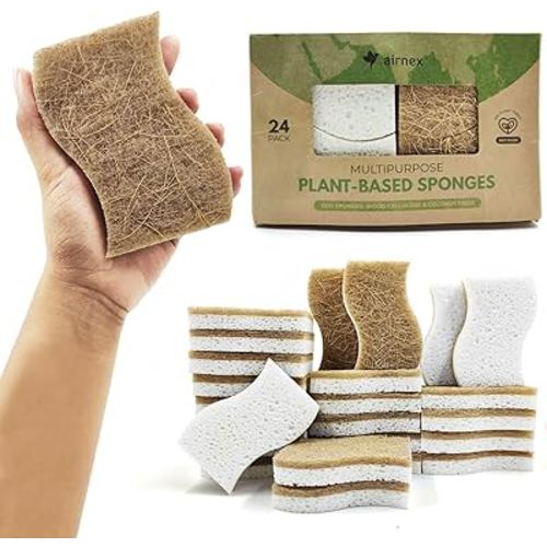 AIRNEX 24 Pack Natural Kitchen Sponge - Biodegradable Compostable Cellulose and Coconut Scrubber Sponge - Eco Friendly Sponges for Dishes