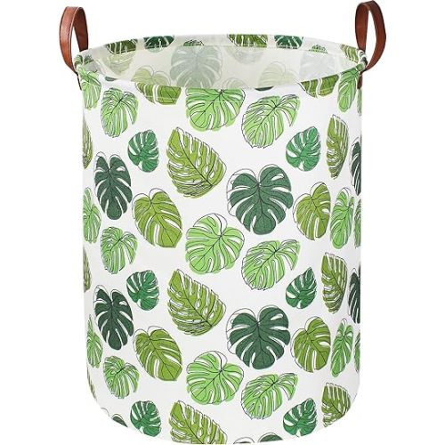 Round Green Laundry Hamper,Jungle Themed Nursery Decor,Tropical Baby Basket,Monstera Room Decor,Waterproof Kids Toys Storage Bin,Safari Gift Basket(Leaf)
