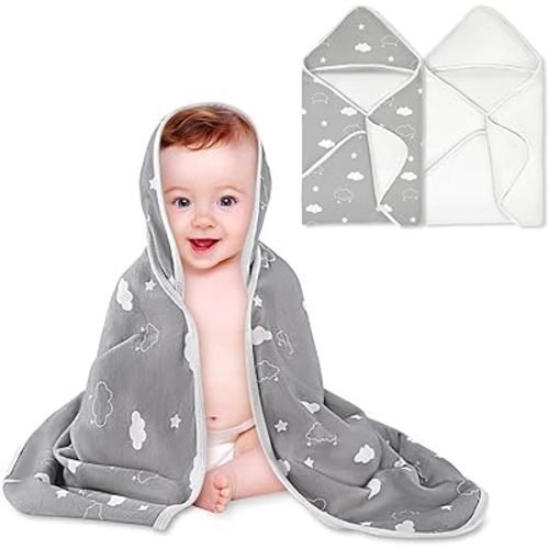 Baby Towels 2 Pack,Hooded Baby Towels Set,Baby Infant Bath Towels with Hood,Soft and Absorbent Nursery Towel,Bath Essentials (Gray Clouds + Stripes)