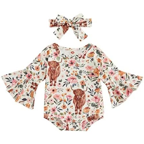 Qiylii Highland Cow Baby Romper Clothes Christmas Infant Girls Heifer Cow Print Flare Long Sleeve Jumpsuit Headband