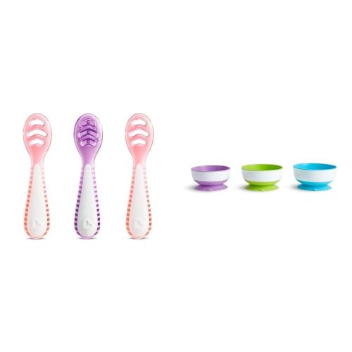 Munchkin Gentle Dip First Spoon & Stay Put Suction Bowl Sets for Baby Self Feeding, 3 Packs