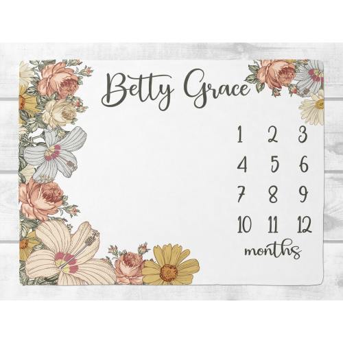 Vintage Floral Milestone Blanket Girl,  Floral Baby Month Blanket, Personalized Baby Girl Shower Gift, Baby Girl Nursery, New Mom Gift SM104