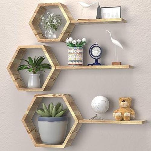 Hexagon Floating Geometric Honeycomb Shelves - Hexagon Floating Shelves Wall Mounted, Honeycomb Wall Shelves Set of 6, Geometric Floating Shelves for Wall Decor, Lightly Color Honey Comb Shelves
