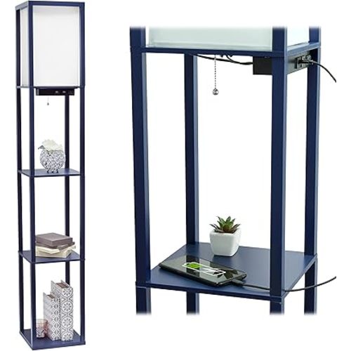 Simple Designs LF1037-NAV Floor Lamp Etagere Organizer Storage Shelf with 2 USB Charging Ports, 1 Charging Outlet and Linen Shade, Navy Blue