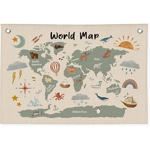 World Maps for Wall, Kids World Map, World Map Bannr for Kids, Cute Animal World Map Educational Tapestry Wall Hanging Banner Flag Decor for Kids Room Classroom Playroom