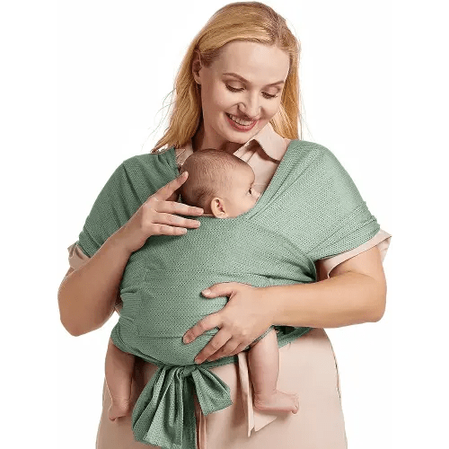 Momcozy Adjustable Buckle Baby Wrap Carrier Cooling Air-Mesh, Easy to Wear Baby Carrier Sling, Baby Carriers Newborn to Toddler 8-35lbs, Suit for Waist 27-47inch,Grey Green