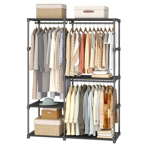 MOGELAFOO 49" Portable Wardrobe, Freestanding Closet Organizer, Clothes Rack with 6 Storage Shelves and 3 Hanging Rods, Storage Organizer for Bedroom, Cloakroom, Black