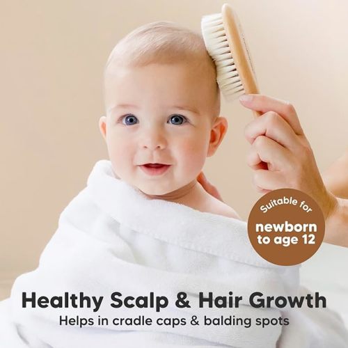 Baby Hair Brush and Comb Set for Newborn - Wooden Baby Hair Brush Set with Soft Goat Bristle, Baby Brush Set for Newborns, Baby Brush and Comb Set Girl,Toddler Cradle Cap Brush (Oval, Walnut)