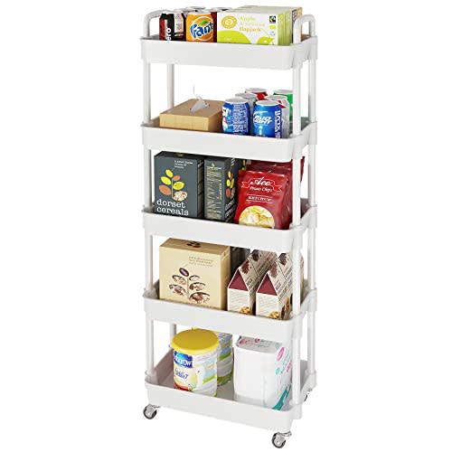 Laiensia 5-Tier Storage Cart,Multifunction Utility Rolling Cart Kitchen Storage Organizer,Mobile Shelving Unit Cart with Lockable Wheels for Bathroom,Laundry,with Classified Stickers,White