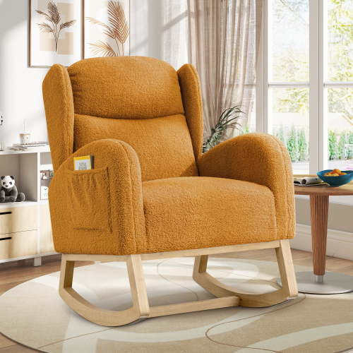 Muumblus Wingback Glider Rocking Chair for Baby Nursery, Adult, Indoor, Wood Legs, Khaki Teddy