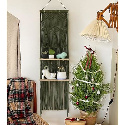 Flber Hanging Shelf Macrame Wall Hanging Green Boho Shelfs with Tassels 2 Tier Floating for Plants Bedroom Dorm Living Room Wall Decor Rustic Wooden Organizer(Wood)